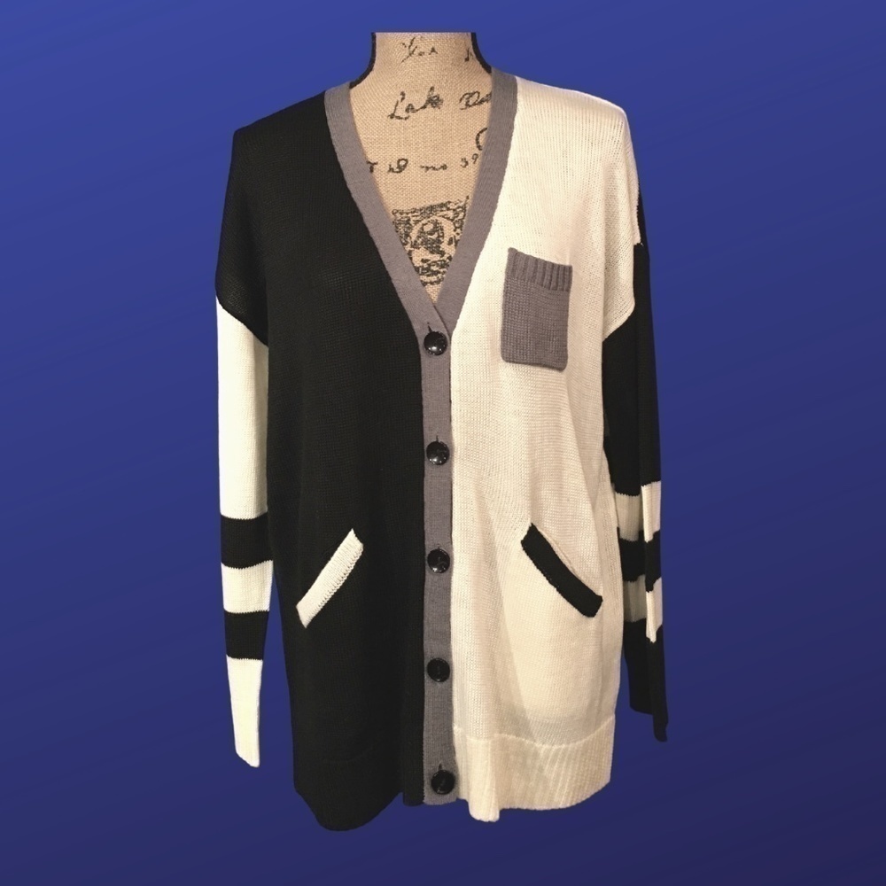 CECICO Colorblock Boyfriend Cardigan, BLACK/GRAY/CREAM, Women's Medium, NWOT